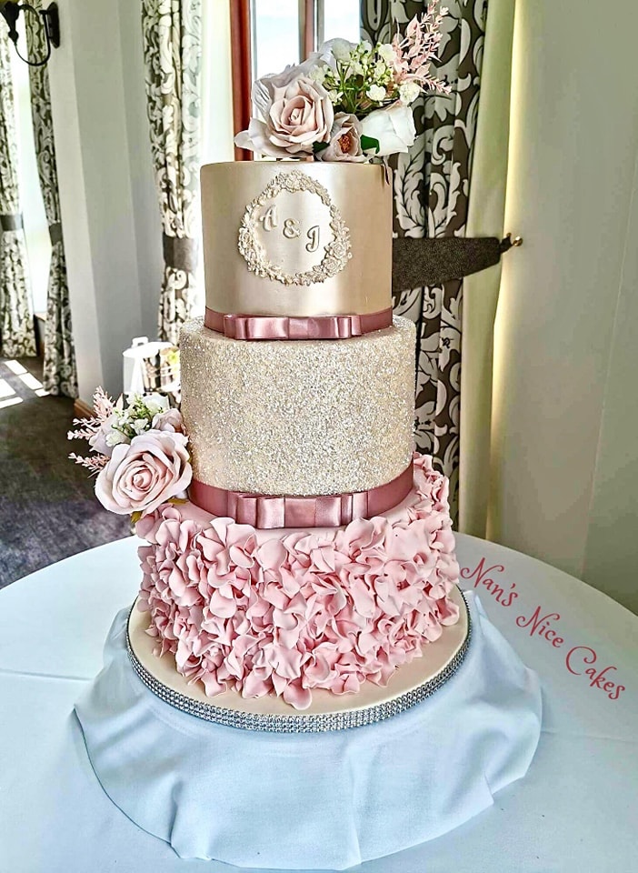 Pink gold textured sparkly wedding cake 3 tier